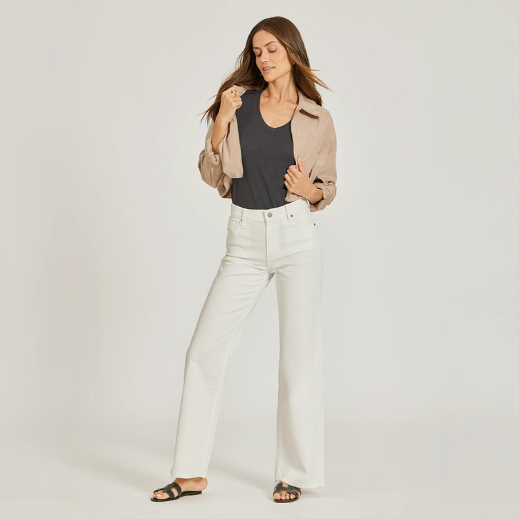 Women wearing Dark Gray Relaxed Linen Blend V-Neck Tee