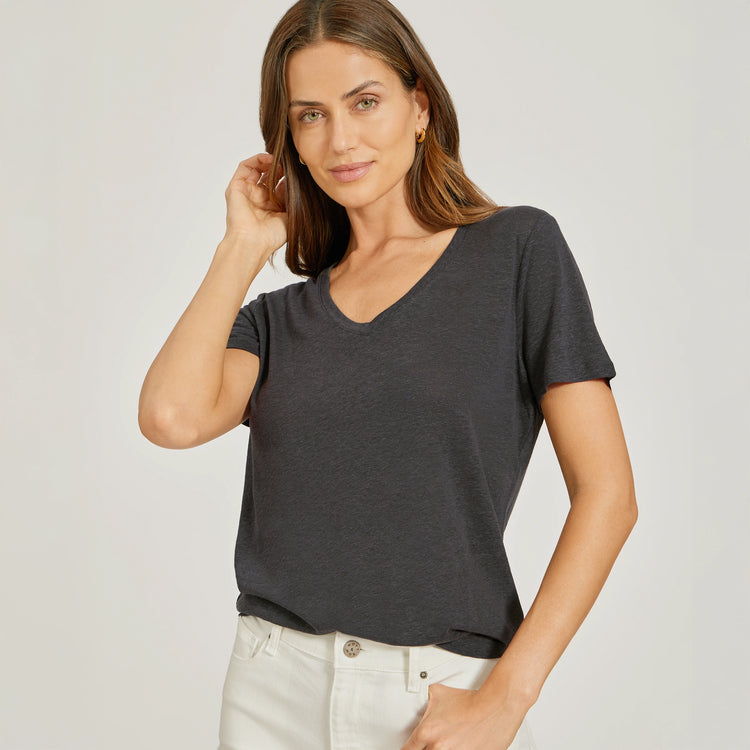 Women wearing Dark Gray Relaxed Linen Blend V-Neck Tee