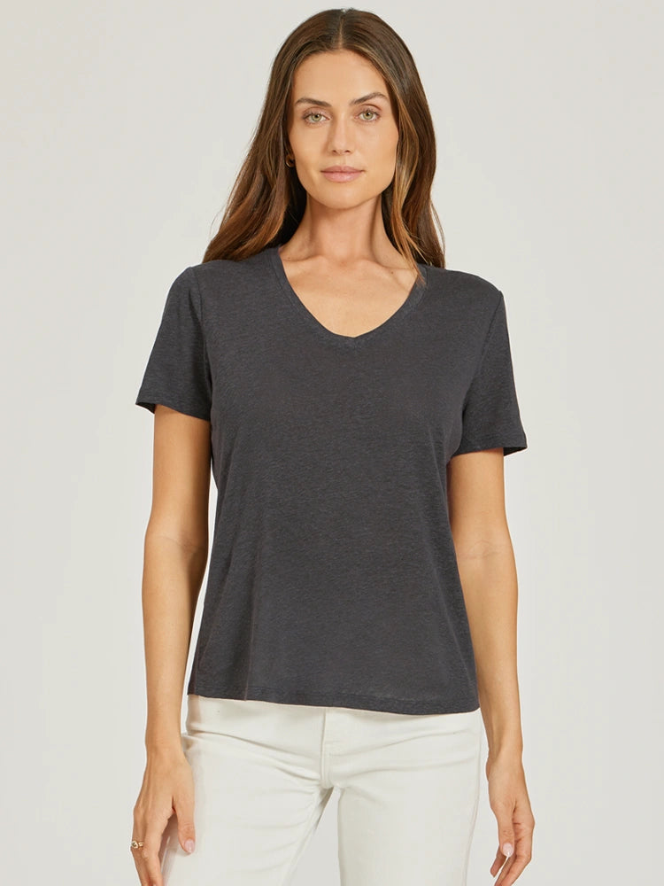 Women wearing Dark Gray Relaxed Linen Blend V-Neck Tee