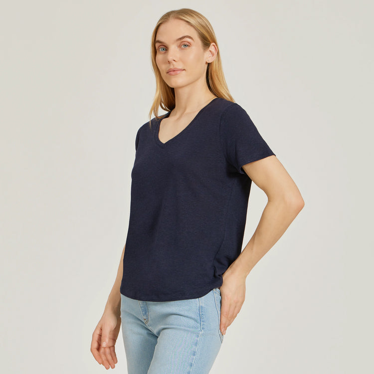 Women wearing Navy Relaxed Linen Blend V-Neck Tee