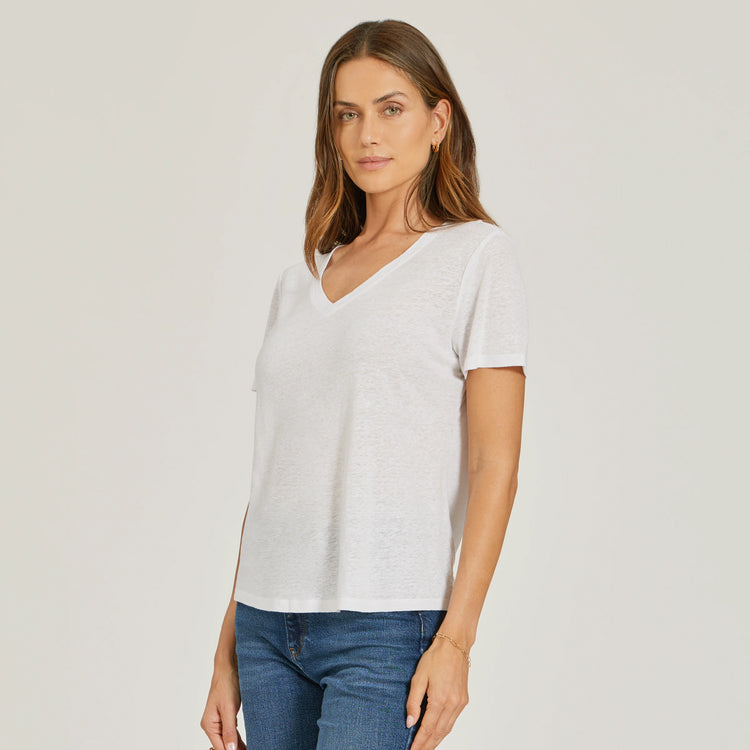 Women wearing White Relaxed Linen Blend V-Neck Tee