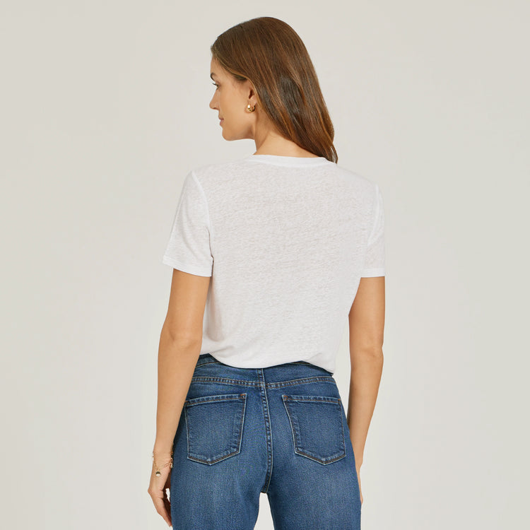 Women wearing White Relaxed Linen Blend V-Neck Tee
