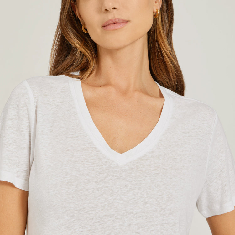 Women wearing White Relaxed Linen Blend V-Neck Tee