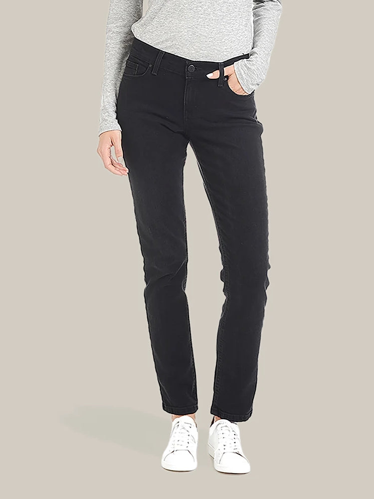 Women wearing Noir délavé Allen Mid Rise Slim Straight Jeans