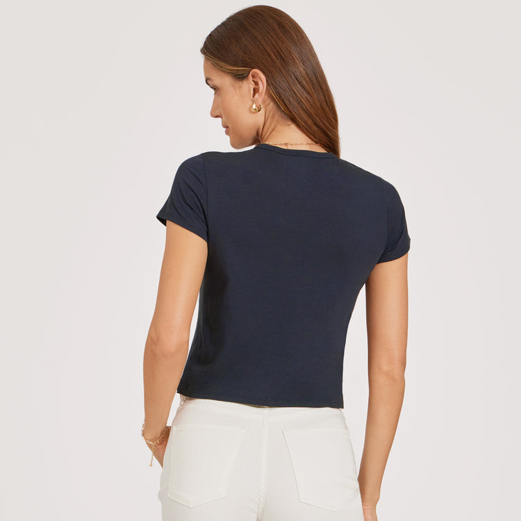 Women wearing Navy Cropped Fitted Crew Marcy Tee