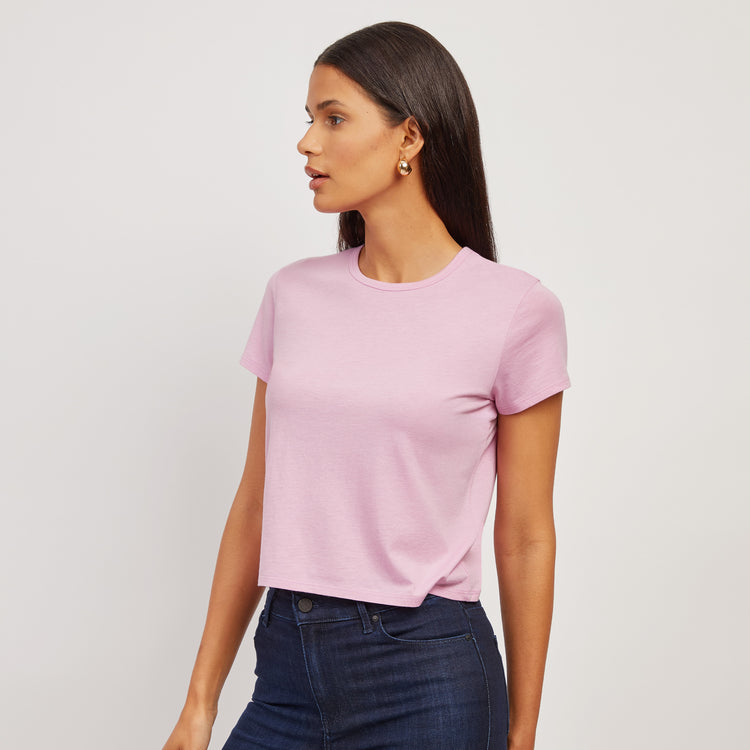 Women wearing Rosado Cropped Fitted Crew Marcy Tee
