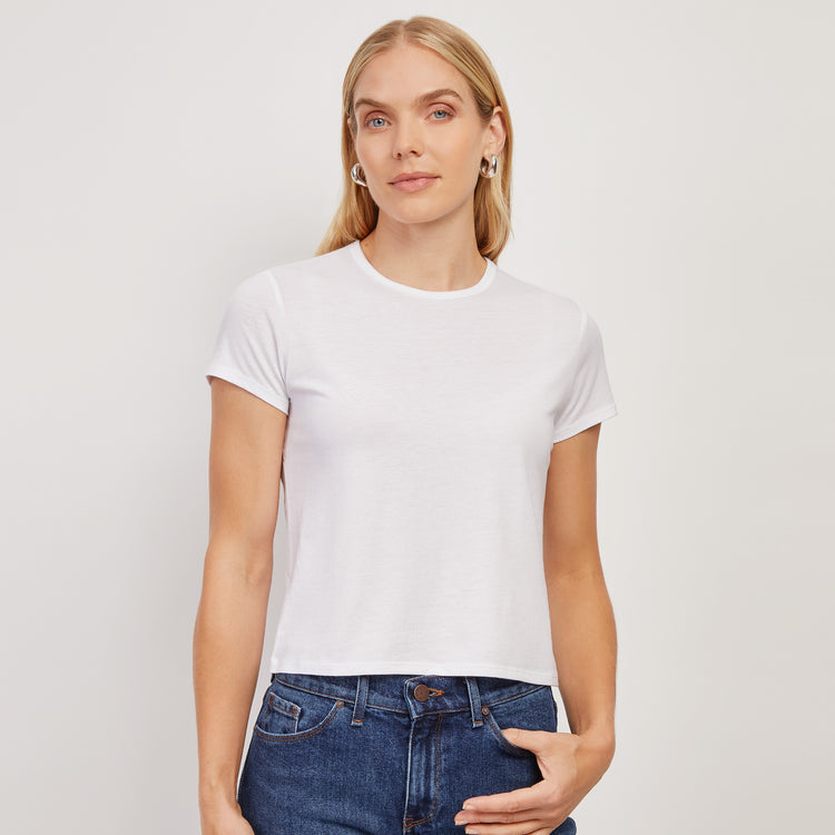 Women wearing Blanco Cropped Fitted Crew Marcy Tee