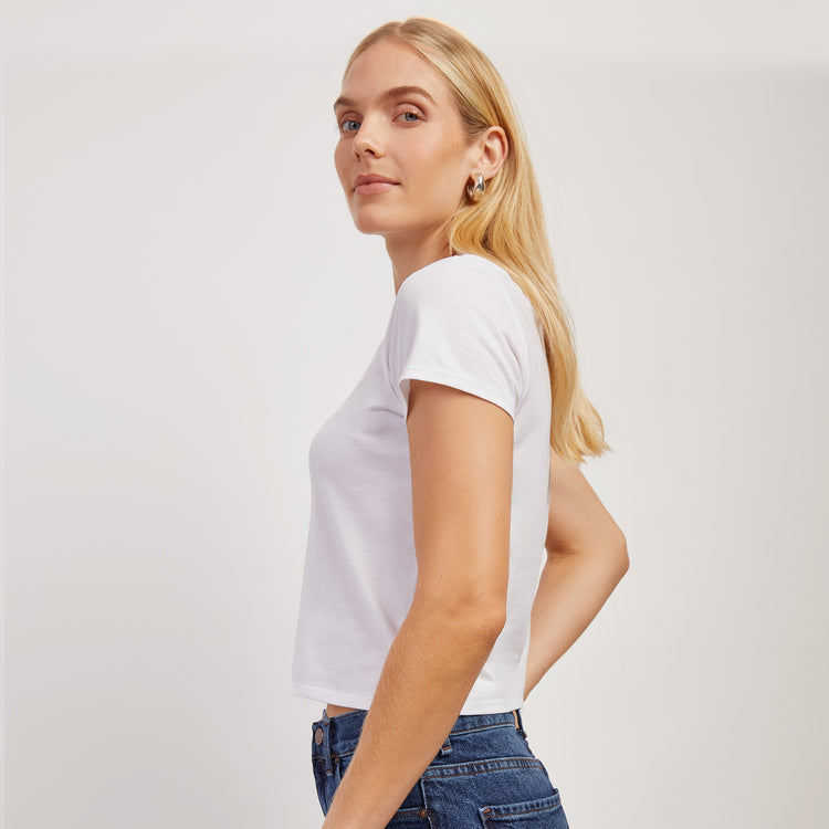 Women wearing Blanco Cropped Fitted Crew Marcy Tee