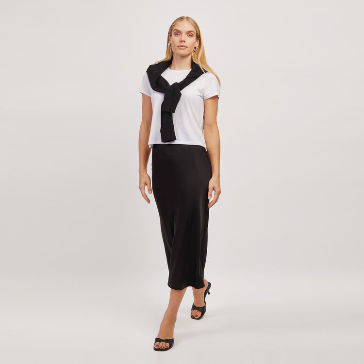 Women wearing Blanco Cropped Fitted Crew Marcy Tee