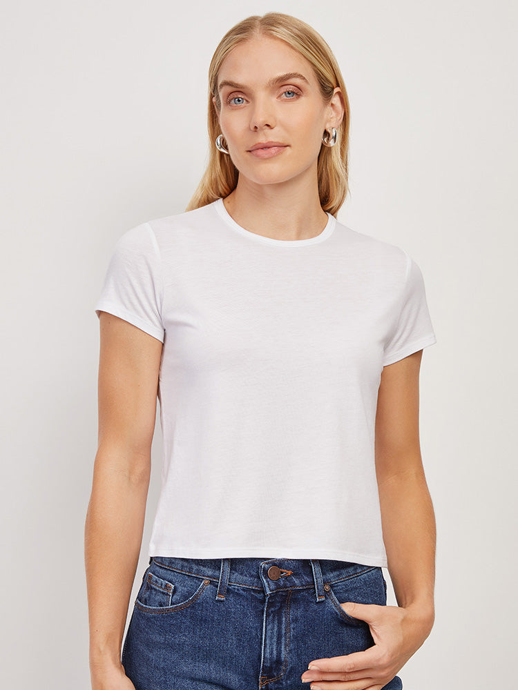 Women wearing Blanco Cropped Fitted Crew Marcy Tee