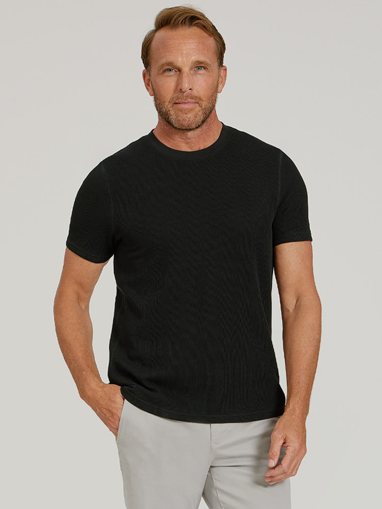 Men wearing Black Cotton Waffle Curved Hem Crew
