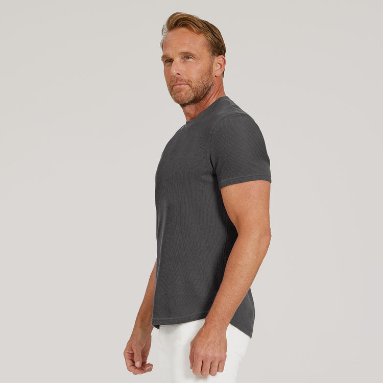 Men wearing Dark Gray Cotton Waffle Curved Hem Crew