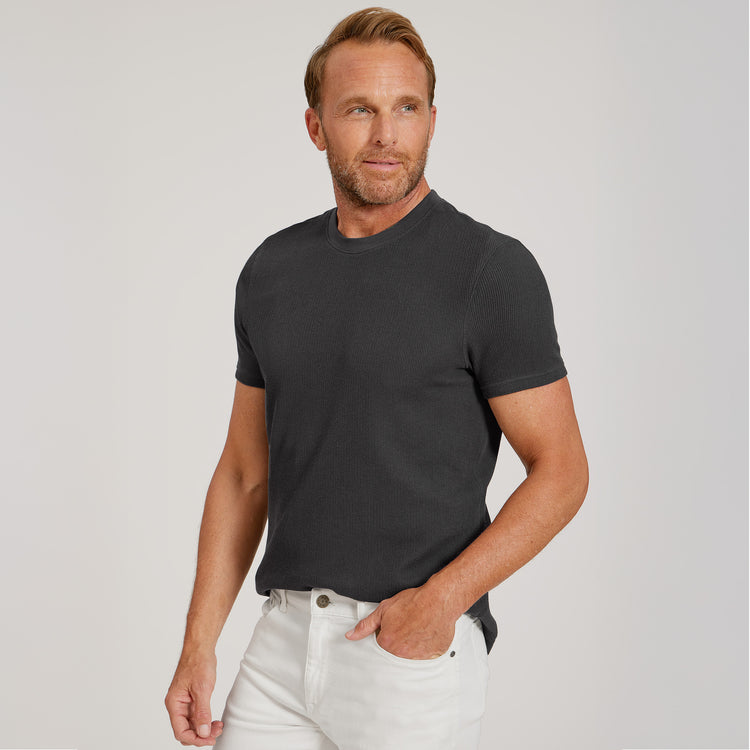 Men wearing Dark Gray Cotton Waffle Curved Hem Crew