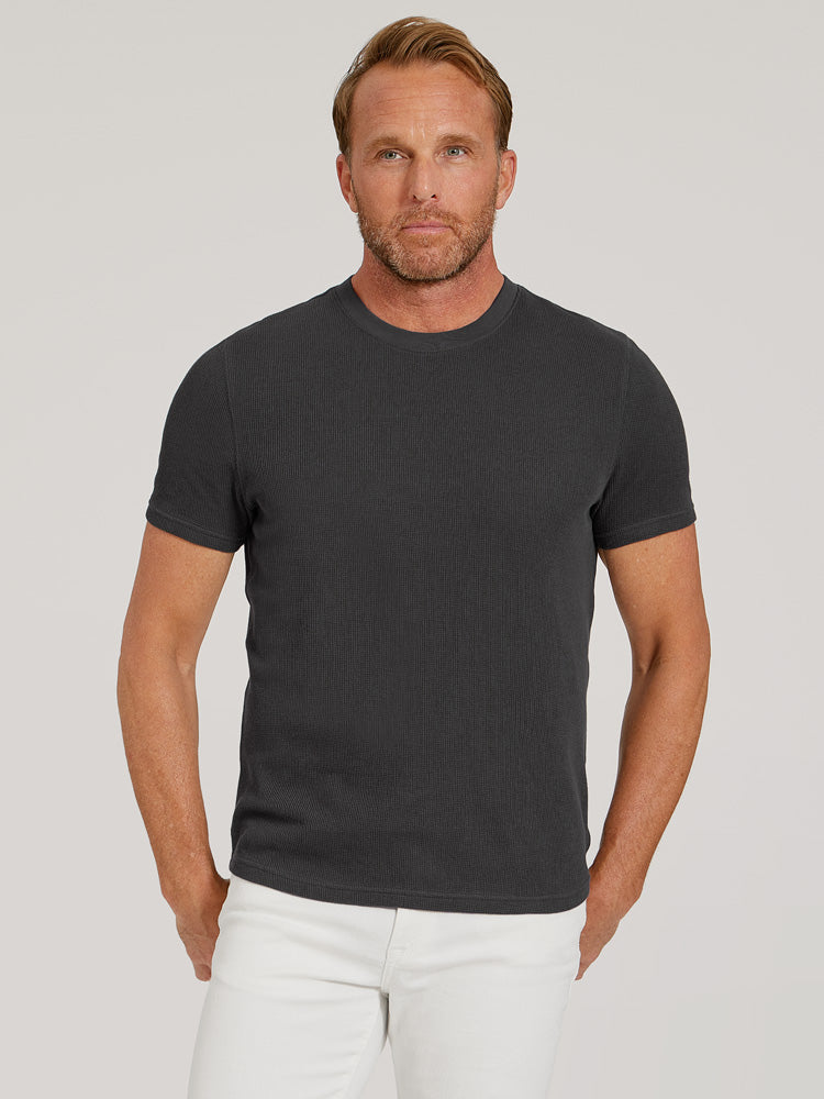 Men wearing Dark Gray Cotton Waffle Curved Hem Crew