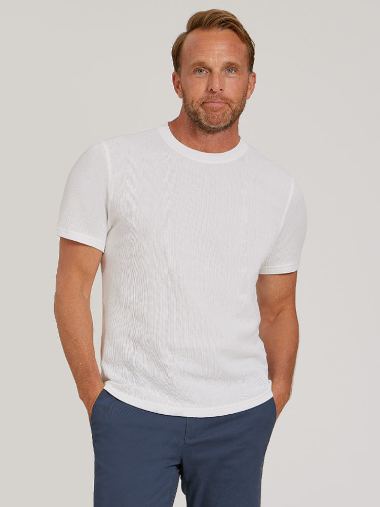 Men wearing White Cotton Waffle Curved Hem Crew