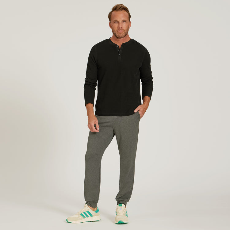 Men wearing Black Cotton Waffle Curved Hem Henley