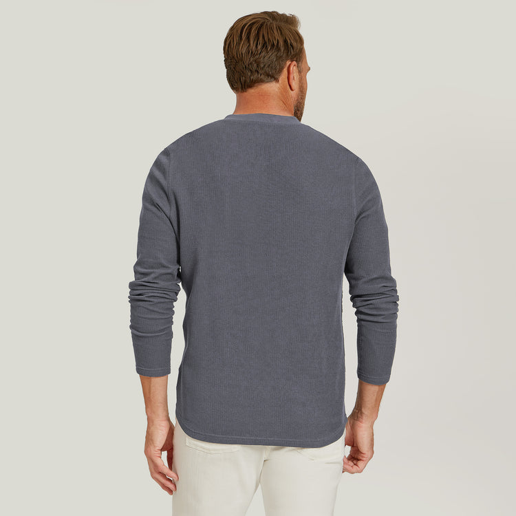 Men wearing Blue Ink Cotton Waffle Curved Hem Henley