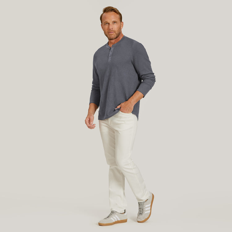 Men wearing Blue Ink Cotton Waffle Curved Hem Henley