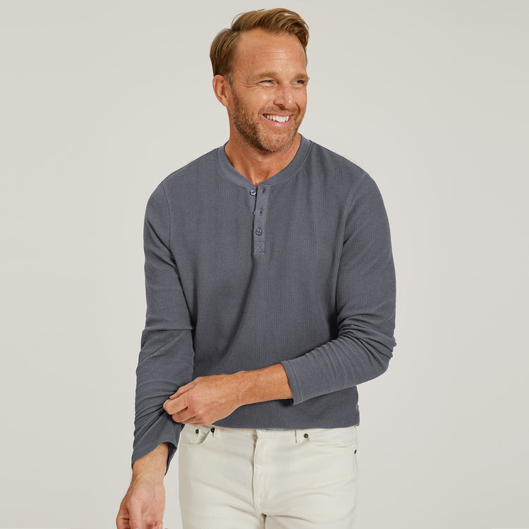 Men wearing Blue Ink Cotton Waffle Curved Hem Henley