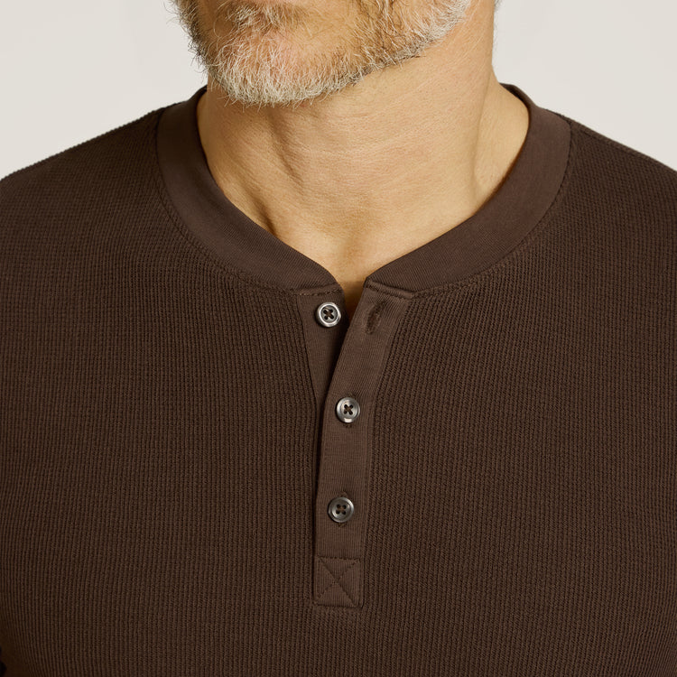 Men wearing Cocoa Cotton Waffle Curved Hem Henley