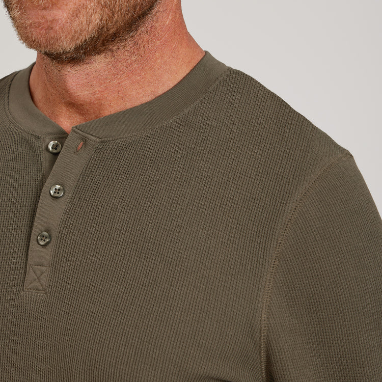 Men wearing Dark Moss Cotton Waffle Curved Hem Henley
