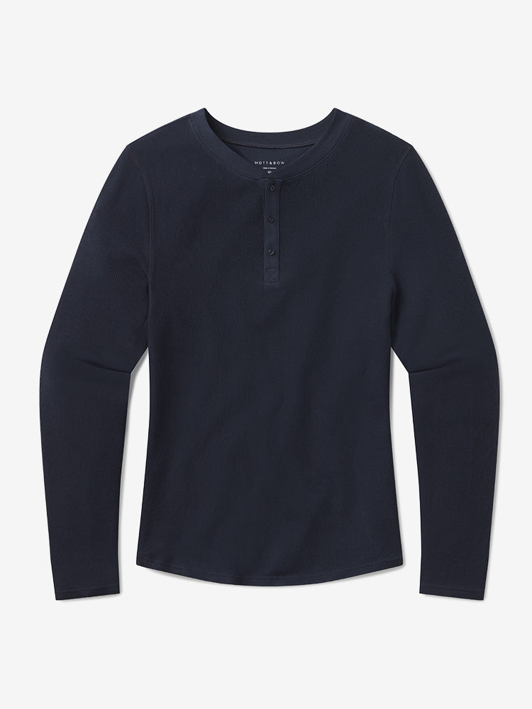 Men wearing Navy Cotton Waffle Curved Hem Henley