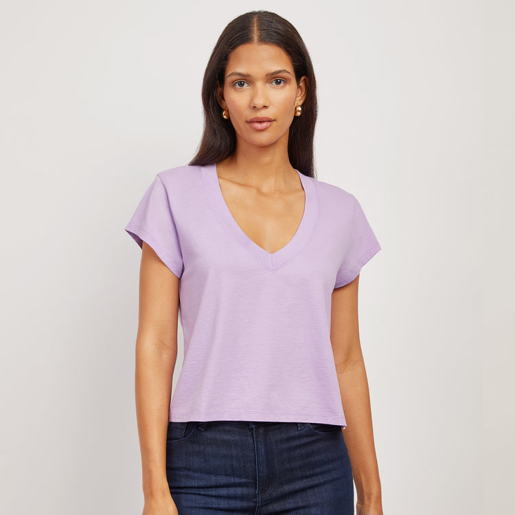 Women wearing Lila Cotton Boxy Deep V-Neck Tee