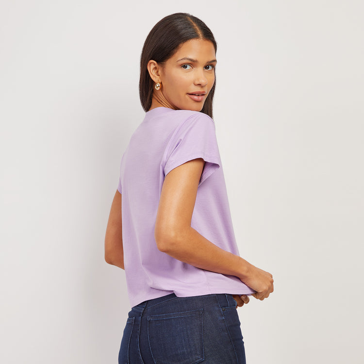 Women wearing Lila Cotton Boxy Deep V-Neck Tee