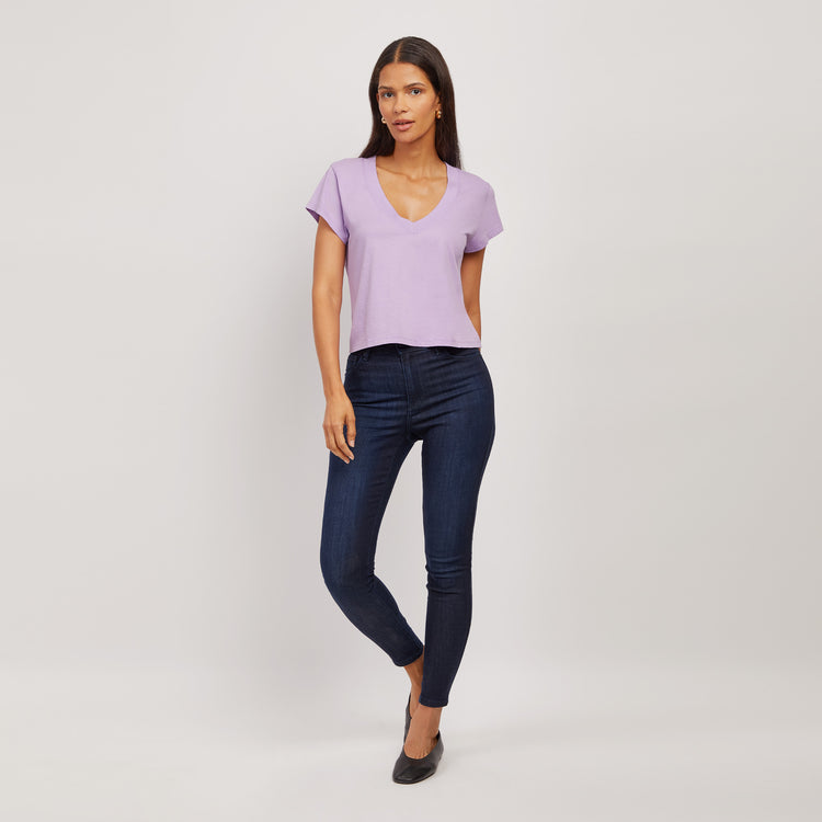 Women wearing Lila Cotton Boxy Deep V-Neck Tee