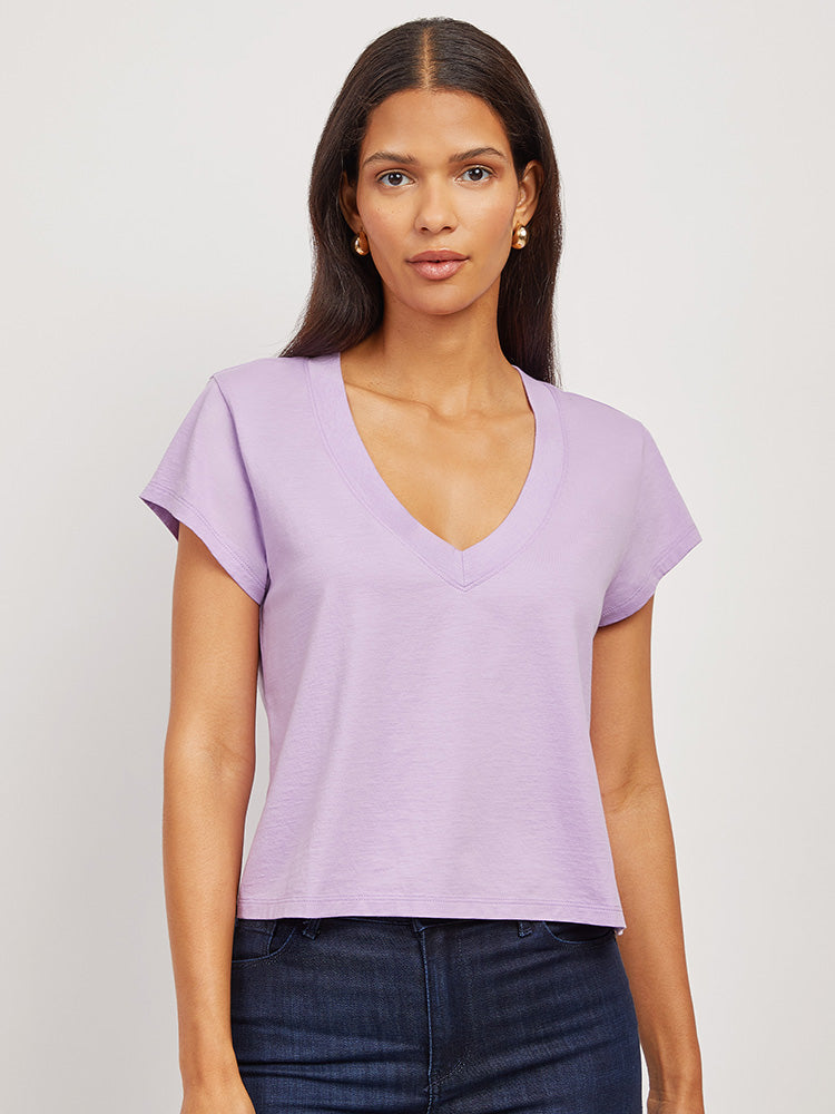 Women wearing Lila Cotton Boxy Deep V-Neck Tee