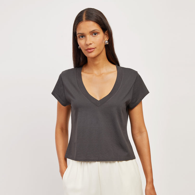 Women wearing Vintage Gray Everyday Cotton Deep V-Neck Tee