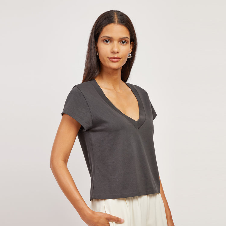 Women wearing Vintage Gray Everyday Cotton Deep V-Neck Tee