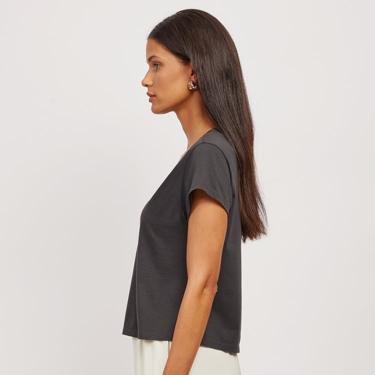 Women wearing Vintage Gray Everyday Cotton Deep V-Neck Tee