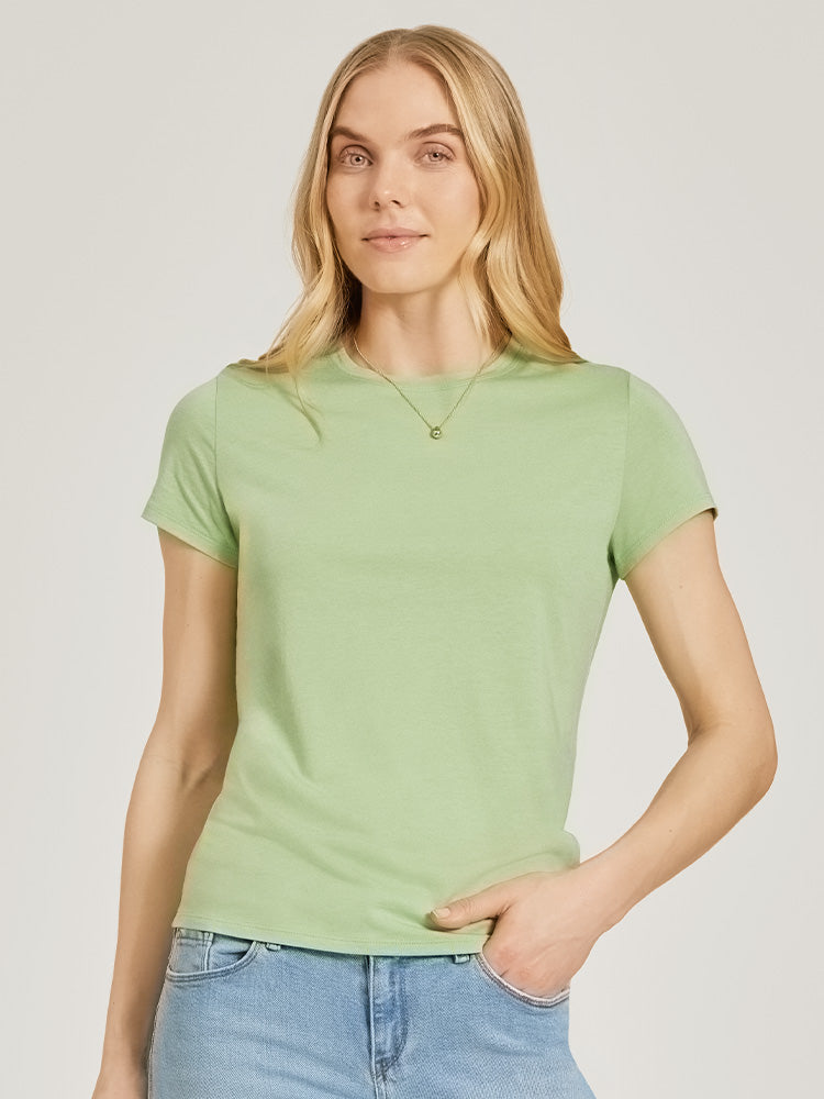Women wearing Pistachio Fitted Crew Marcy Tee