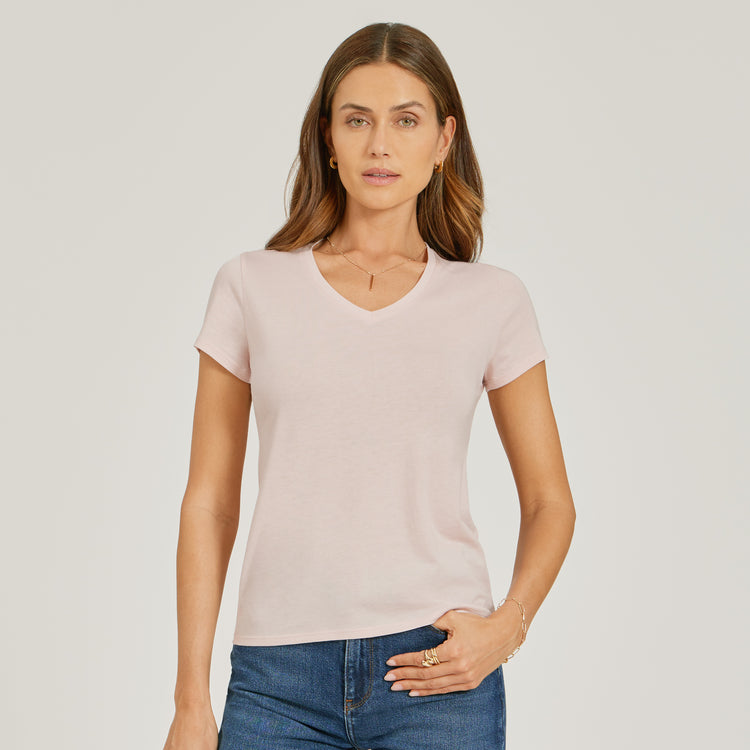 Women wearing Champagne Fitted V-Neck Marcy Tee