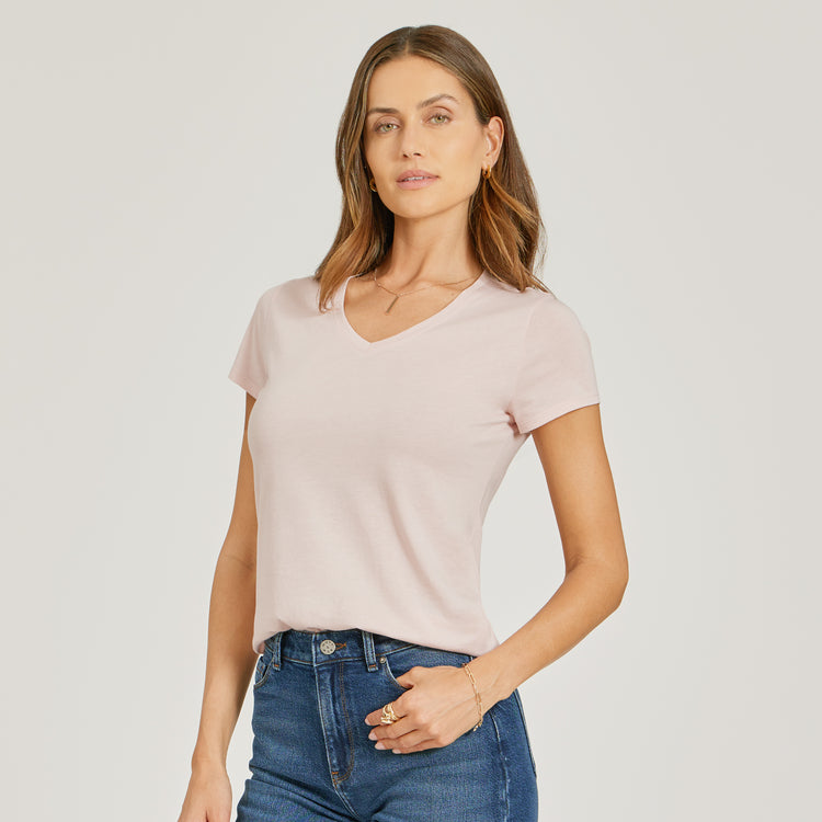 Women wearing Champagne Fitted V-Neck Marcy Tee