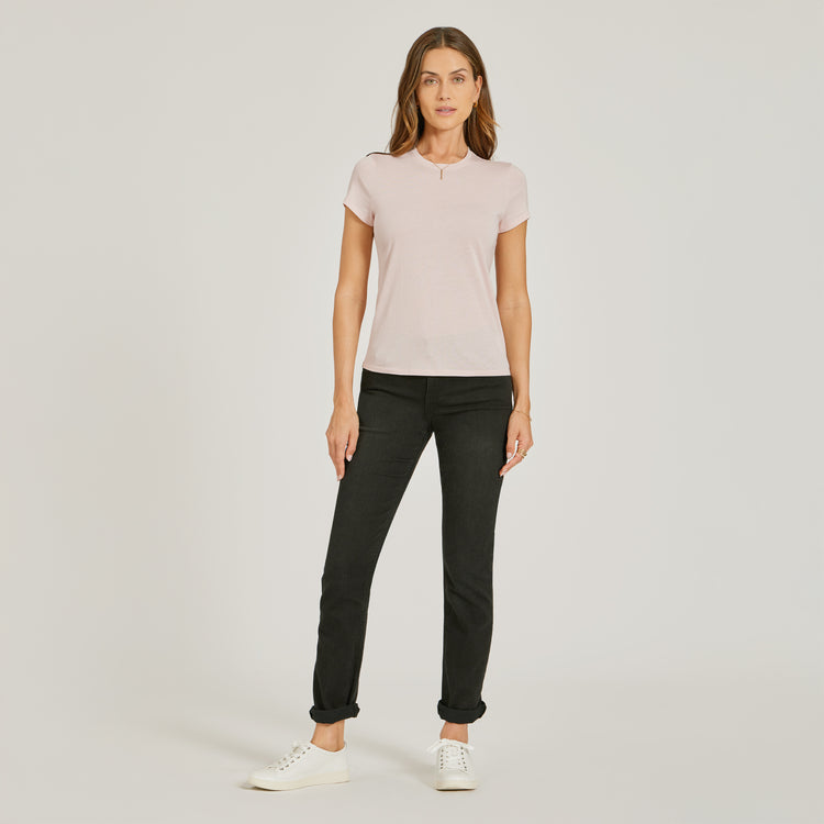 Women wearing Champagne Fitted V-Neck Marcy Tee
