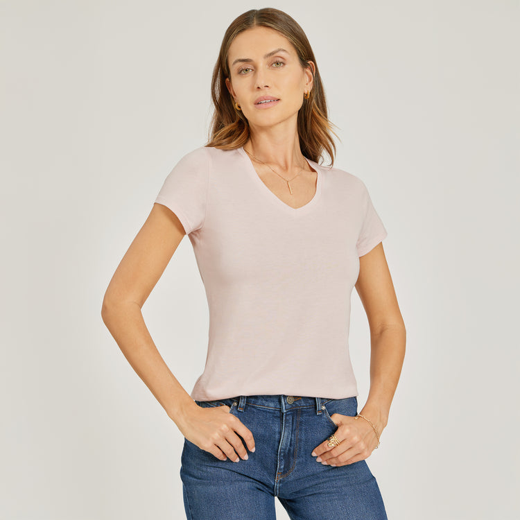 Women wearing Champagne Fitted V-Neck Marcy Tee