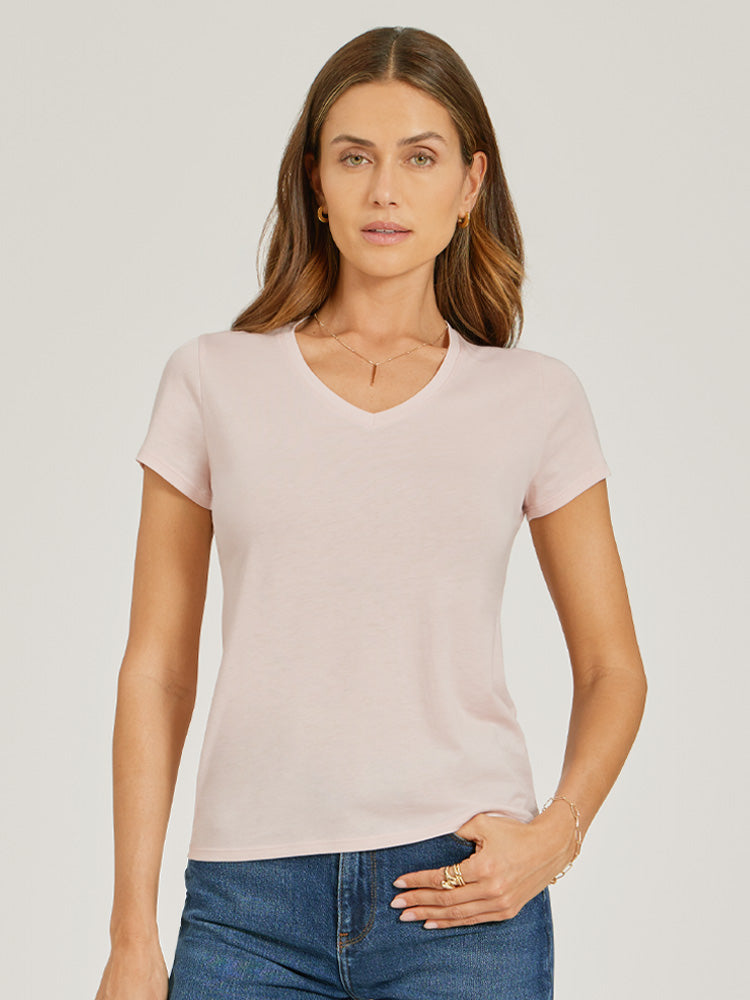 Women wearing Champagne Fitted V-Neck Marcy Tee