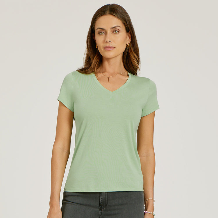 Women wearing Pistachio Fitted V-Neck Marcy Tee
