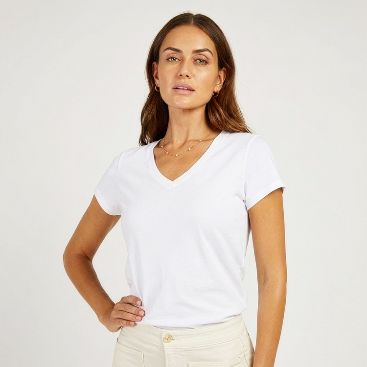 Women wearing Blanco Fitted V-Neck Marcy Tee