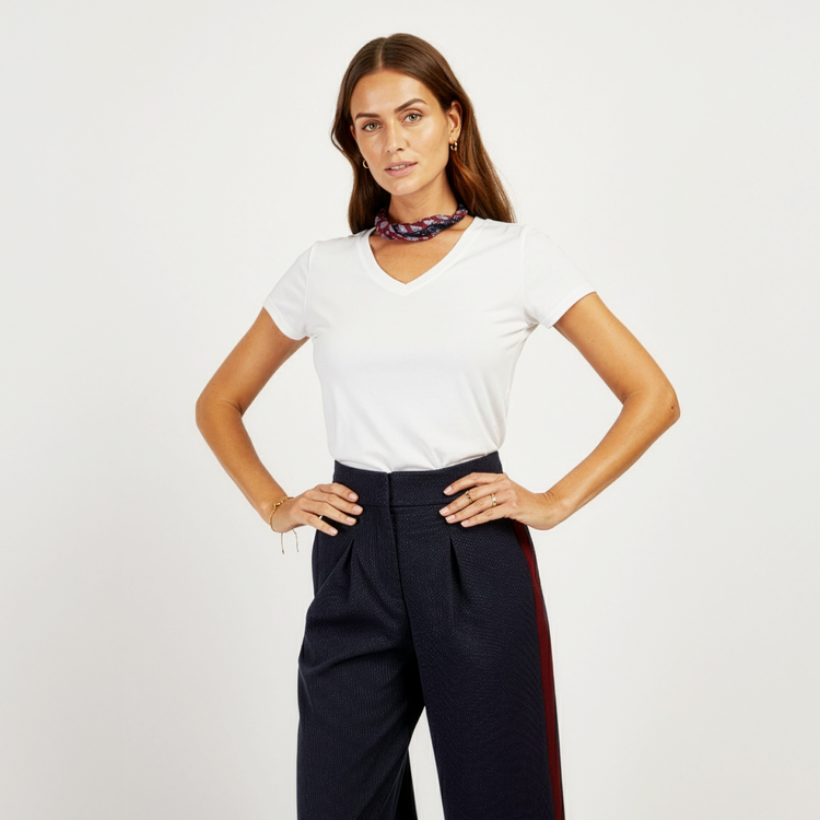 Women wearing Blanco Fitted V-Neck Marcy Tee