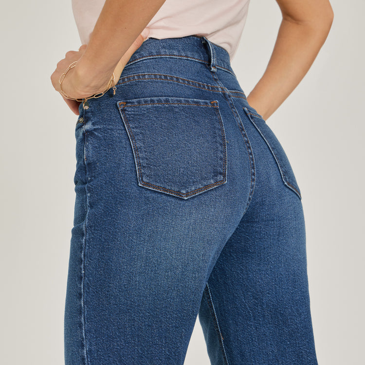 Women wearing Medium/Dark Blue High Rise Cropped Straight Leg Gilmore