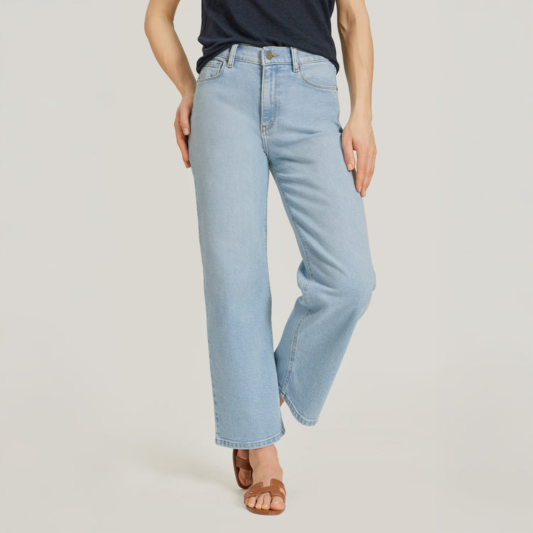 Women wearing Washed Out Blue High Rise Cropped Straight Leg Hubert