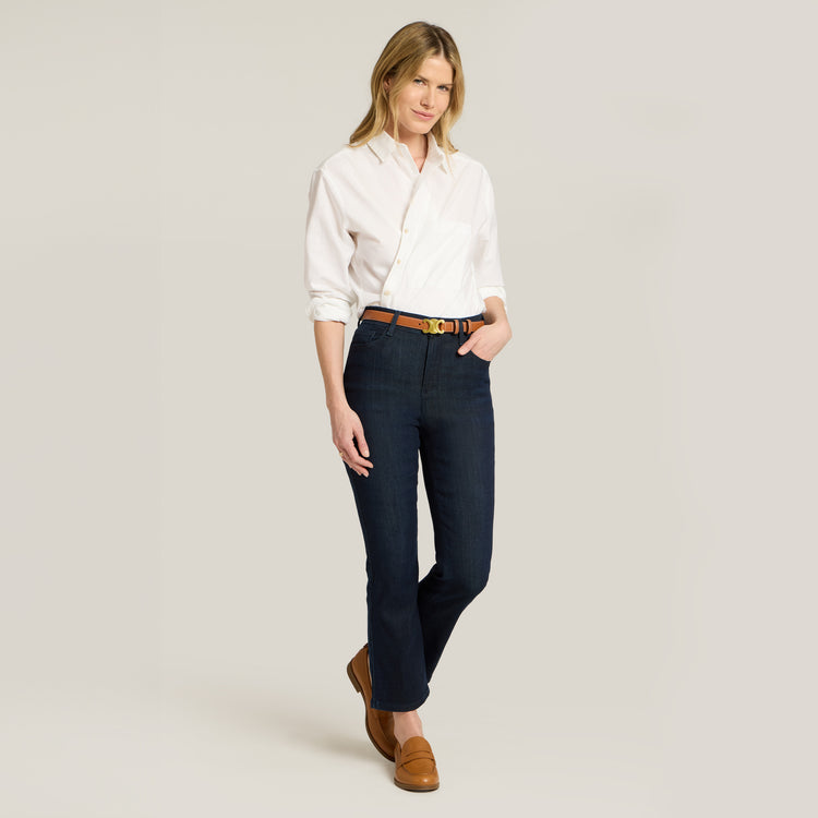 Women wearing Medium/Dark Blue High Rise Miniboot Ankle Jane Jeans