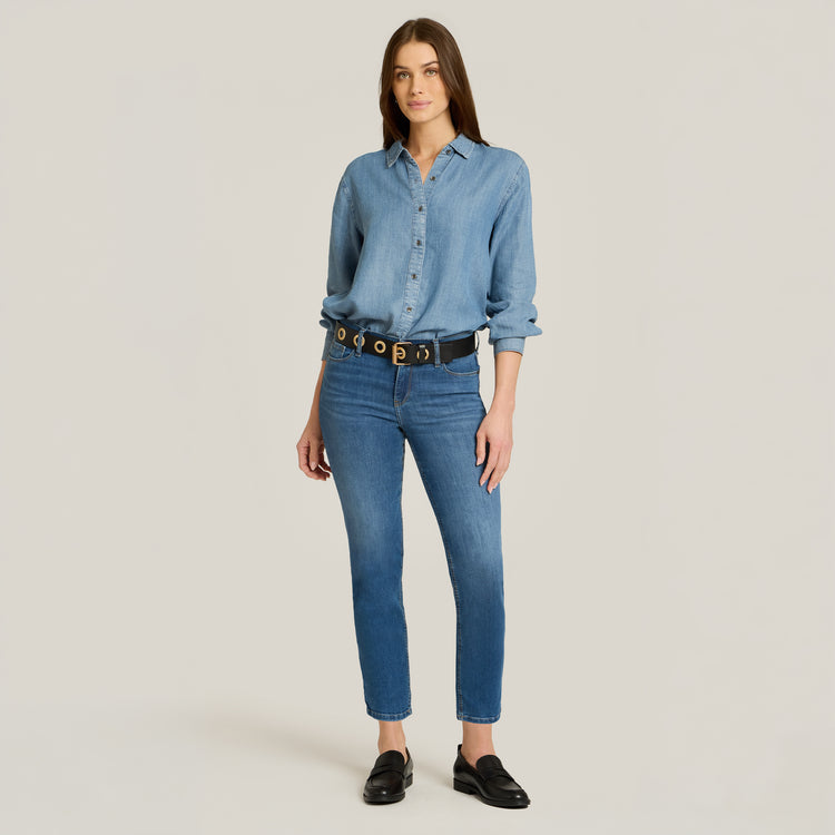 Women wearing Medium Blue Mid Rise Slim Cropped Leg Logan Jeans