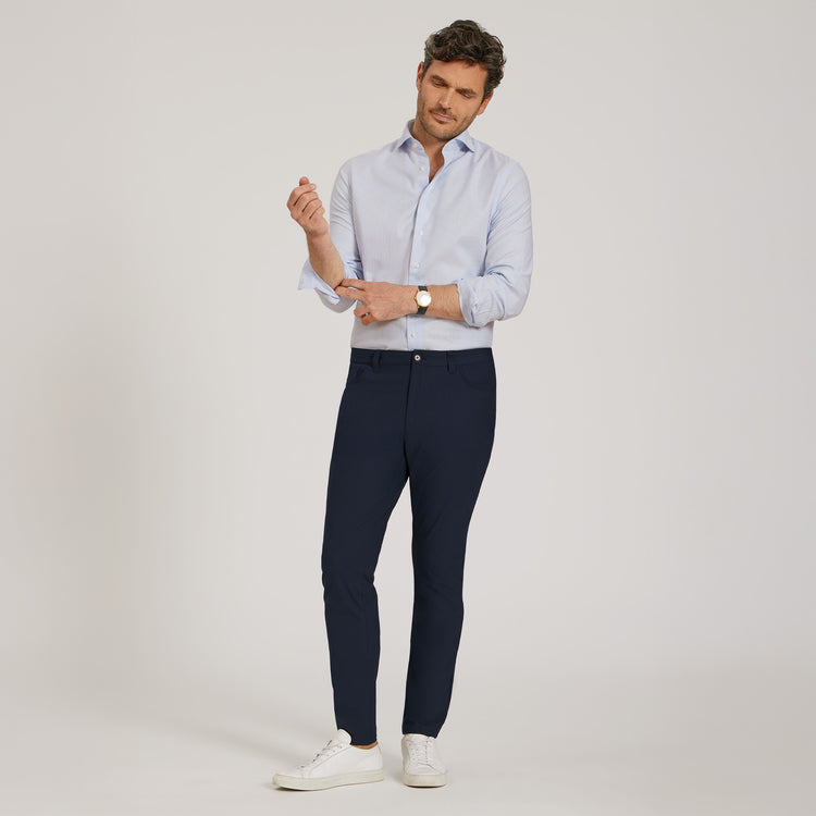 Men wearing Navy 5 Pocket Travel Pants