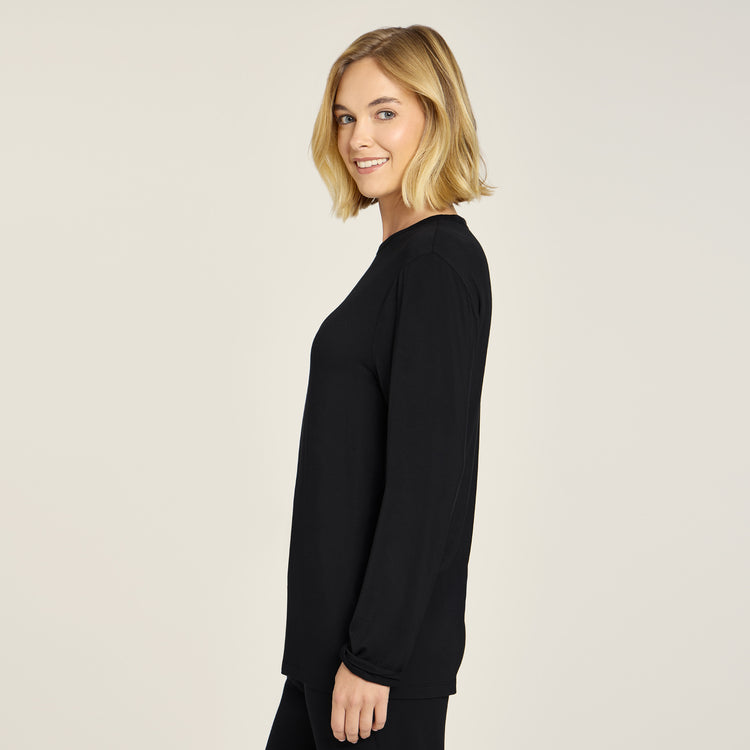 Women wearing Black Pajama Long Sleeve Crew Neck