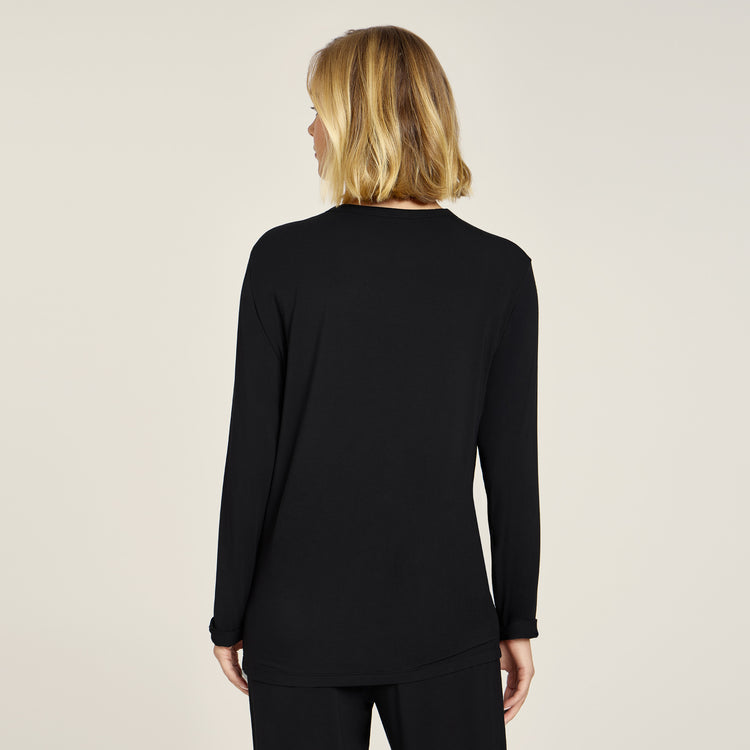 Women wearing Black Pajama Long Sleeve Crew Neck