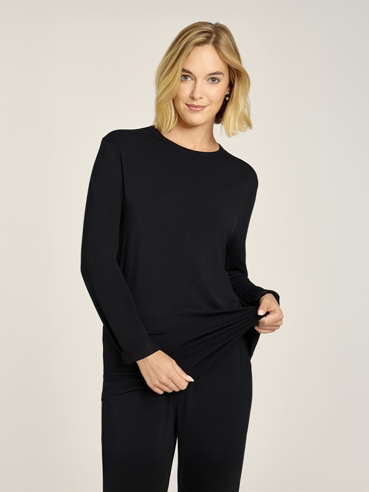 Women wearing Black Pajama Long Sleeve Crew Neck
